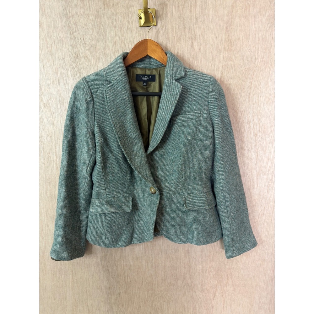Talbots Petite Wool Blend Tweed Blazer Seafoam Green One Button Jacket 10P